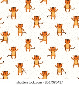 Cute cartoon tigers, polka dots, seamless pattern on white background. Hand drawn vector illustration. Flat style design. Concept kids textile, fashion print, wallpaper, packaging, 2022 New Year.