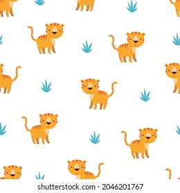Cute cartoon tigers seamless pattern on white background. Vector illustration for textile, fabrics, nursery interiors.