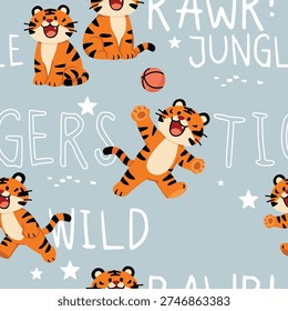 Cute Cartoon Tigers Seamless Pattern