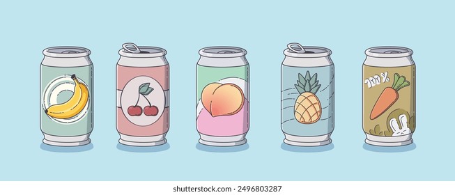 Cute cartoon tin can with fruit, berry and vegetable fizzy soda or juice. Vector set of closed and open aluminum jar with banana and cherry, peach and pineapple, carrot flavor carbonated drink.