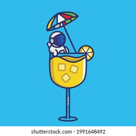 Baño de caricatura diminuto astronauta con zumo de naranja en el vaso con paraguas de playa listo para las vacaciones de verano. Icono de estilo plano de caricatura Logotipo vector premium