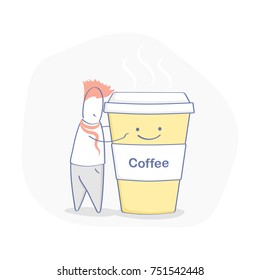 Cute cartoon tired character stands leaning on a cardboard cup, mug of coffee. Coffee break concept. Flat outline isolated vector illustration on white background.