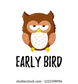 Cute cartoon tired displeased owl. Vector doodle illustration. Template for design, print.