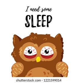 Cute cartoon tired displeased owl. Vector doodle illustration. Template for design, print.