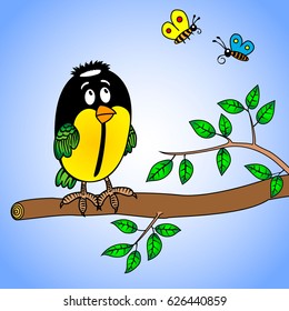 cute cartoon Titmouse bird sitting on a tree branch and two little butterflies