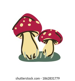 Cute cartoon toadstool mushroom monochrome lineart vector illustration. Simple fly agaric sticker clipart. Kids poisonous fungi hand drawn kawaii mycology. 