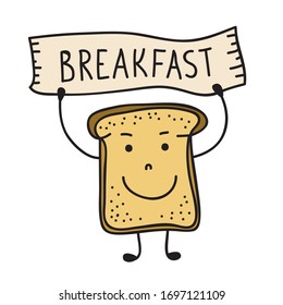 Cute cartoon toast breakfast. Vector illustration