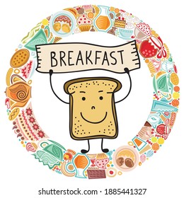 Cute cartoon toast breakfast. Vector illustration