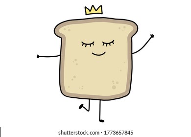 Cute cartoon Toast. Funny doodle bread character isolated on white background. Eating healthy and breakfast concept. Vector illustration.