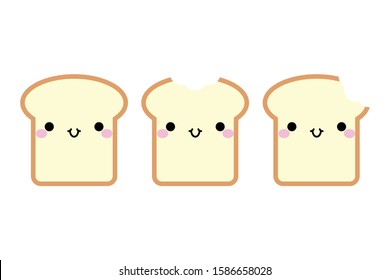 Cute cartoon toast icons. In kawaii style with smiling face and pink cheeks. The expression of emotions for design, art work, design cards and web pages. Vector illustration