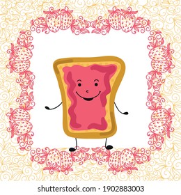 Cute cartoon toast with jam. Vector illustration