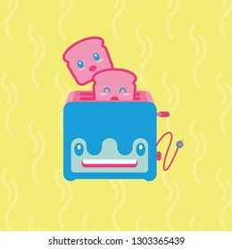 Cute cartoon of toaster with bread jumping up, funny kitchen appliance vector illustration, flat design, flat style, kawaii character with steam pattern background 