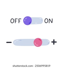 Dibujos animados lindos cambian los Botones de encendido y apagado, más y menos. Botones de cambio de modo para activar el dispositivo y hacerlo más grande o Pequeño. Interfaz de Botón del interruptor aislado en el fondo blanco.