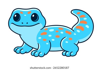 Cute cartoon Tokay Gecko vector illustration. Funny little tropical lizard with blue spotted pattern.