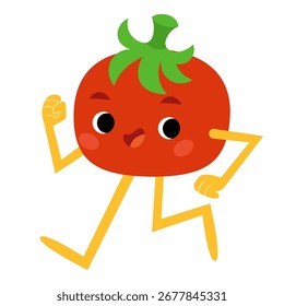 Personaje lindo del tomate de la historieta que corre con energía y alegría. Ilustración vegetal de Vector plano aislado sobre fondo blanco. Mascota kawaii para proyectos de comida y diseños de estilo de vida saludable.