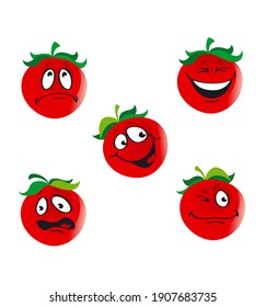Cute cartoon tomato with different expressions and emotions, character, icon, isolated, vector illustration on white background