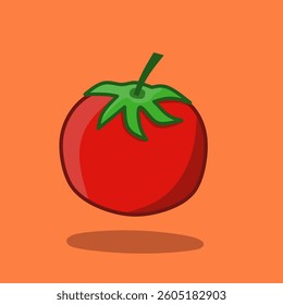 Cute Cartoon Tomato with Green Leaves