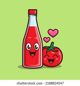CUTE CARTOON TOMATO SAUCE AND TOMATO VECTOR ILLUSTRATION