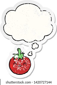 lindo tomate de dibujos animados con burbuja de pensamientos como pegatina gastada angustiada