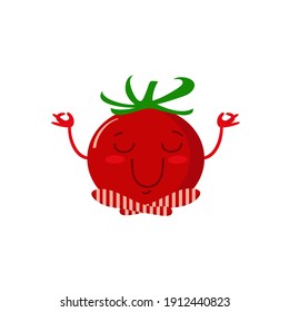 Cute cartoon tomato in yoga pose. Funny vegetable in striped socks sitting, meditate. Concept of healthy food, active life style, fitness. Happy strong character, vector illustration isolated on white