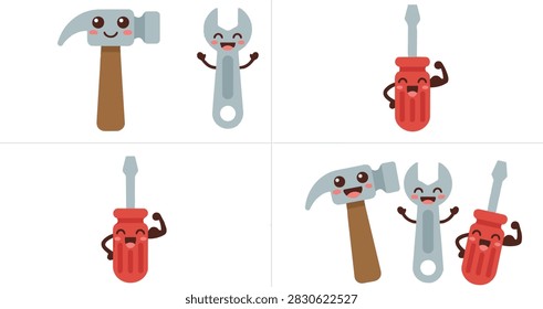 Cute cartoon tool characters hammer wrench and screwdriver set