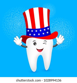 Cute cartoon tooth with American hat. concept for patriotism in America and celebration of independence day and the fourth of july for the United States. illustration.