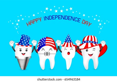 Cute cartoon tooth with American hat. concept for patriotism in America and celebration of independence day and the fourth of july for the United States. illustration.