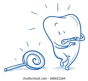 Diente pequeño de caricatura temiendo dulces, dientes sensibles. Dibujo gráfico de líneas dibujadas a mano ilustración vectorial.