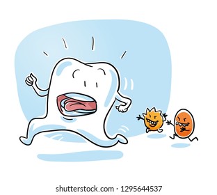 Cute cartoon tooth being chased by two bacterias. Hand drawn cartoon sketch vector illustration, whiteboard marker style coloring. 