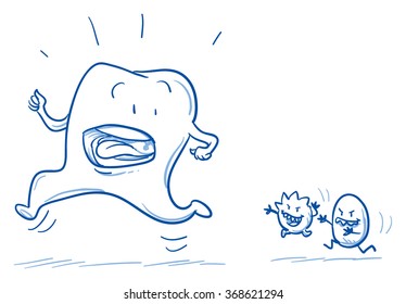 Cute cartoon tooth being chased by two bacterias. Hand drawn line art cartoon vector illustration.