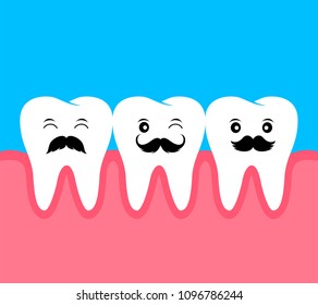 Cute cartoon tooth with black mustache. Flat style.  I love dad concept. Happy Father's Day. Illustration isolated on blue background.