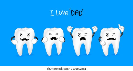 Cute cartoon tooth with black mustache. I love dad concept. Happy Father's Day. Illustration isolated on blue background.