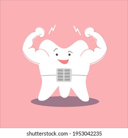  Cute cartoon tooth with brace showing off his power
