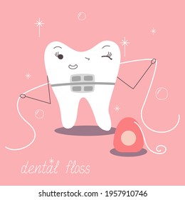 Cute cartoon tooth with braces cleans herself by floss