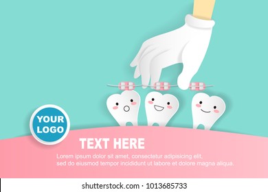 cute cartoon tooth with braces concept on green background