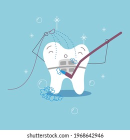 Cute cartoon tooth with braces takes a shower and cleans himself by toothbrush