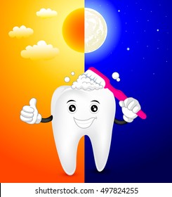 cute cartoon tooth brush day and night, great for health dental care concept. Illustration