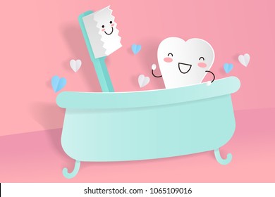 cute cartoon tooth with brush on the pink background