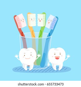 cute cartoon tooth with brush on the blue background