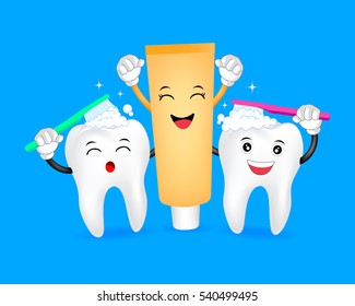 cute cartoon tooth brushing with toothpaste character. Great for dental health care concept. Illustration