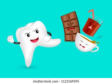 Cute cartoon tooth character attacking unhealthy food and drink. Chocolate, coffee and solf drink. Dental care concept. Illustration isolated on green background.