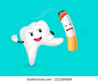 Cute cartoon tooth character attacking the cigarette. Smoking is harmful to human teeth. Dental care concept. Illustration isolated on blue background.