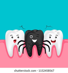 Cute cartoon tooth character. Black spider, happy Halloween concept. Illustration isolated on blue background.