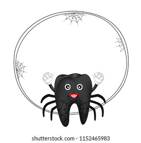 Cute cartoon tooth character. Black spider, happy Halloween concept with circle frame. Illustration isolated on white background.