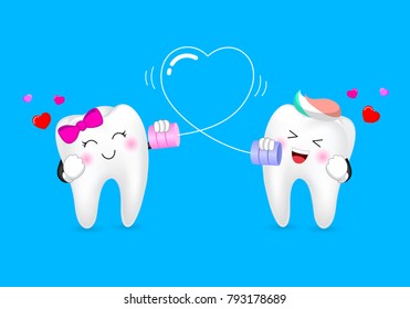 Cute cartoon tooth character, boy and girl talking on the can phone. Love emotion, happy valentine's day. Illustration isolated on blue background.
