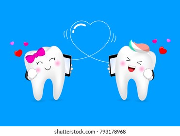 Cute cartoon tooth character, boy and girl talking on the phone. Love emotion, happy valentine's day. Illustration isolated on blue background.