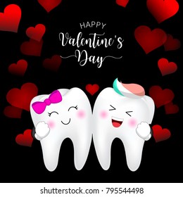 Cute cartoon tooth character, boy and girl in love. Happy Valentine's day.  Illustration isolated on black background.