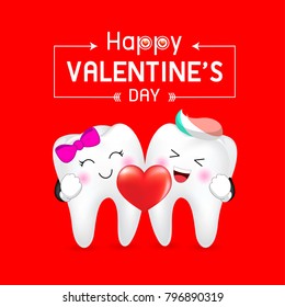 Cute cartoon tooth character, boy and girl holding heart. Happy Valentine's day.  Illustration isolated on red background.