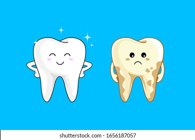 Cute cartoon tooth character, Bright and dirty tooth comparision. Dental care concept. Vector illustration isolated on blue background.