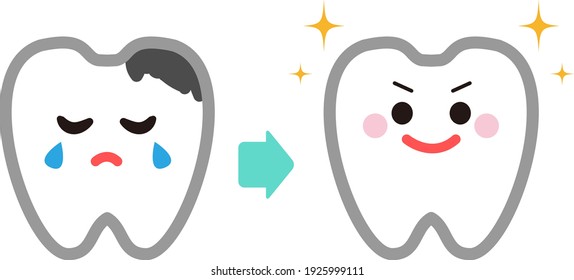 Cute cartoon tooth character, Bright 
 tooth and caries comparision. 